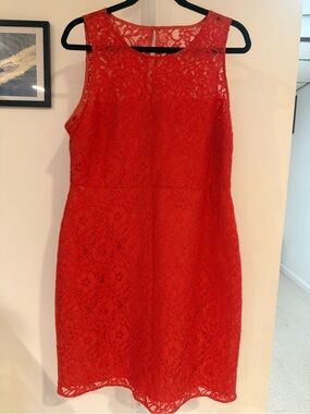J. Crew Red Lace Midi Sheath Dress